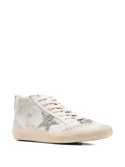 Golden Goose Mid Star Glitter-star Round-toe Sneakers In White