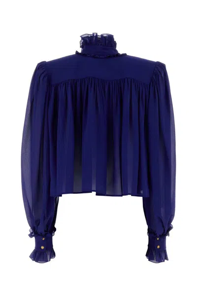 Chloé Ruffle Collar Organic Silk Georgette Crop Blouse In Blue