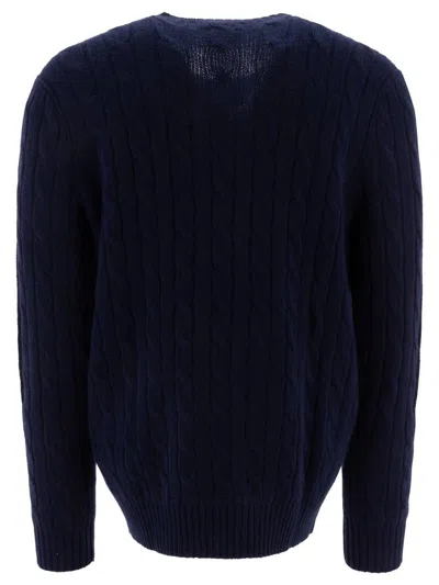 Polo Ralph Lauren Long-sleeved Navy Pullover With Textured Design In Blue