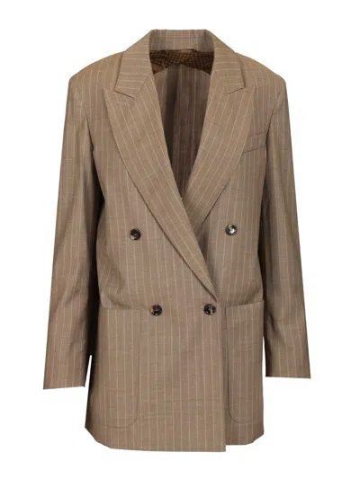 Max Mara Acciaio Double Breasted Oversized Pinstripe Blazer Jackets Brown In Brown