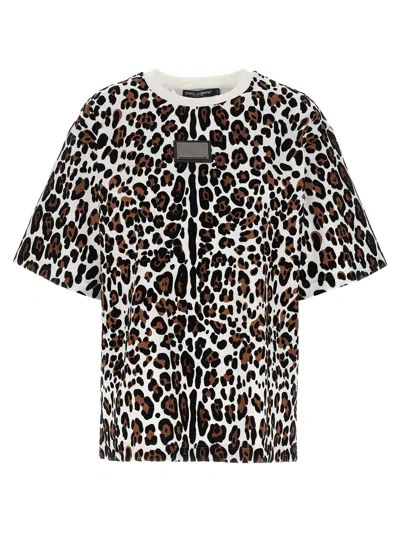 Dolce & Gabbana Animal Print Logo T-shirt With Round Neck In Multicolor
