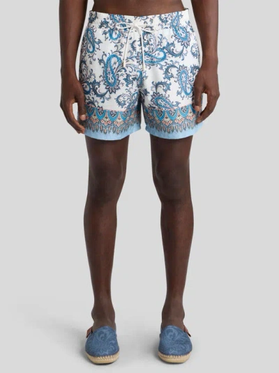 Etro Swim Shorts With Placed Leafy Paisley Print In Blue