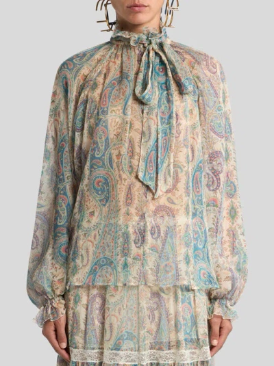 Etro Women Silk Crepon Blouse With Scarf And Paisley Foliage Motif In Multi
