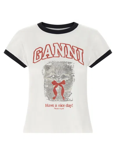 Ganni Women White Crewneck T-shirt With Maxi Print On The Front In Cotton Woman In White