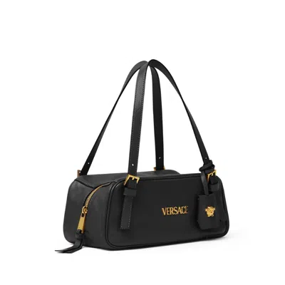Versace Tag Bowling Black Shoulder Bag With Metallic Logo Lettering And Medusa Head Pendant In Leather Woman