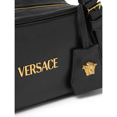 Versace Tag Bowling Black Shoulder Bag With Metallic Logo Lettering And Medusa Head Pendant In Leather Woman