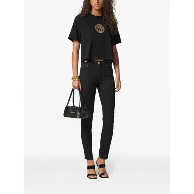 Versace Tag Bowling Black Shoulder Bag With Metallic Logo Lettering And Medusa Head Pendant In Leather Woman