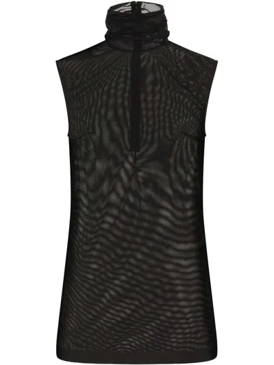 Dolce & Gabbana Sheer Sleeveless High Neck Fitted Top In Black