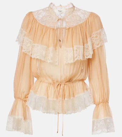 Chloé Lace-trimmed Silk Blouse In Pink