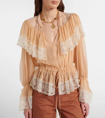 Chloé Lace-trimmed Silk Blouse In Pink