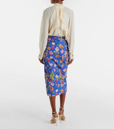 Carolina Herrera Floral Ruched Cotton-blend Midi Skirt In Blue