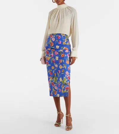 Carolina Herrera Floral Ruched Cotton-blend Midi Skirt In Blue
