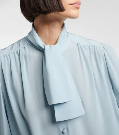 Valentino Bow-neck Silk Button-down Blouse In Blue