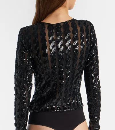 Polo Ralph Lauren Sequined Mesh And Jersey Bodysuit In Black