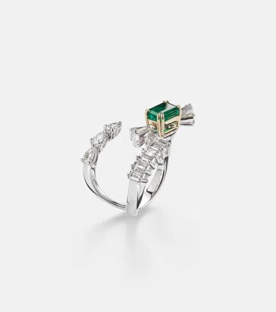 Yeprem Reign Supreme 18kt White Gold Ring With Diamonds And Emerald In Brown