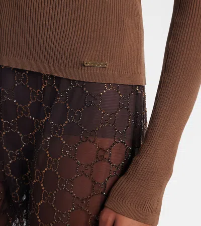 Gucci Ribbed-knit Cotton Henley Shirt In Brown