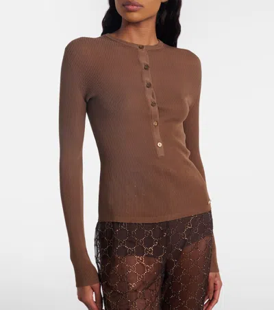 Gucci Ribbed-knit Cotton Henley Shirt In Brown