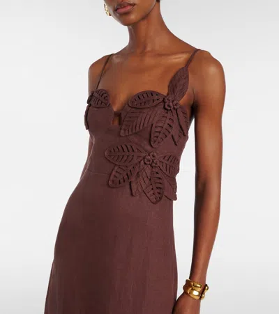 Farm Rio Appliqué Linen Midi Dress In Brown