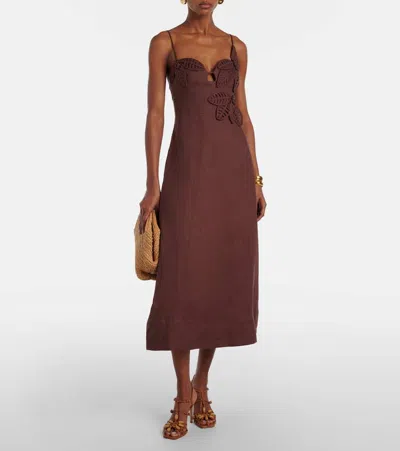 Farm Rio Appliqué Linen Midi Dress In Brown