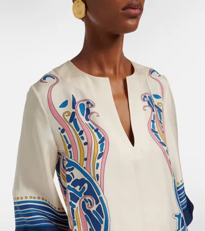 La Doublej The Kaftan Multicolor Silk Kaftan With V Neck And All-over Floral Print Woman In White