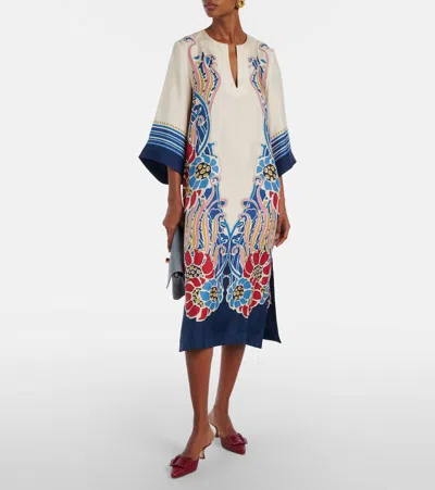 La Doublej The Kaftan Multicolor Silk Kaftan With V Neck And All-over Floral Print Woman In White
