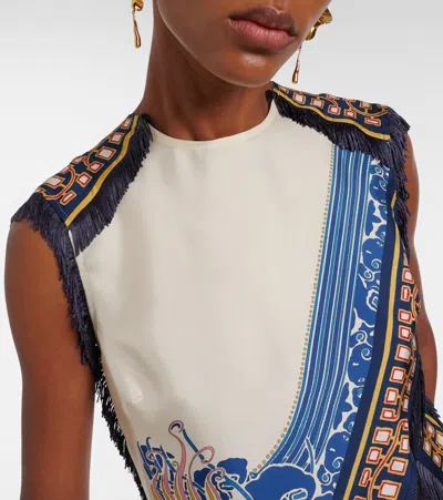 La Doublej Fringed Asymmetric Printed Silk-twill Top In Multi