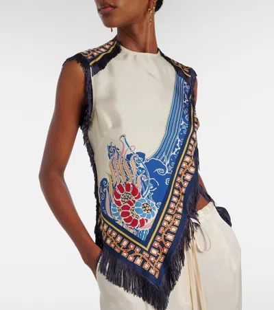 La Doublej Fringed Asymmetric Printed Silk-twill Top In Multi