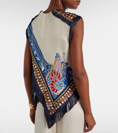 La Doublej Fringed Asymmetric Printed Silk-twill Top In Multi