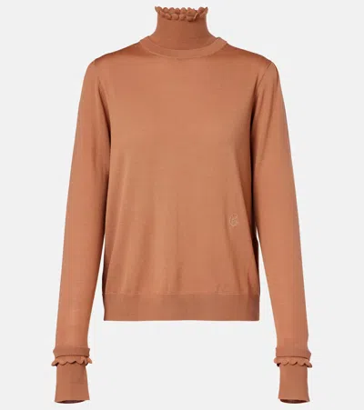 Chloé Ruffled Wool Turtleneck Sweater In Brown
