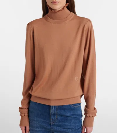 Chloé Ruffled Wool Turtleneck Sweater In Brown
