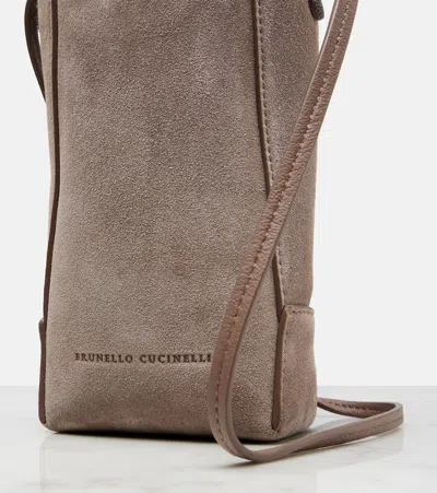 Brunello Cucinelli Monili Suede Shoulder Bag In Gray