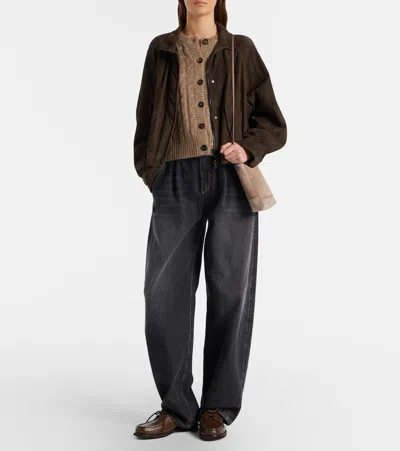 Brunello Cucinelli Monili Suede Shoulder Bag In Gray