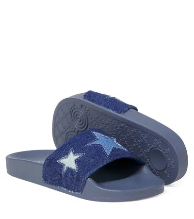 Stella Mccartney Embroidered Denim Slides In Blue
