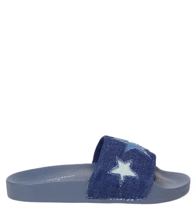Stella Mccartney Embroidered Denim Slides In Blue