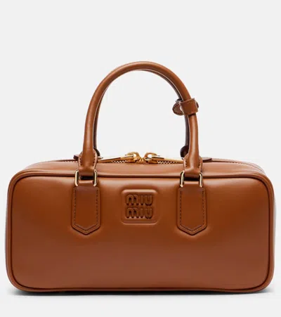 Miu Miu Arcadie Leather Tote Bag In Brown
