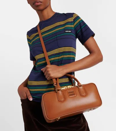 Miu Miu Arcadie Leather Tote Bag In Brown