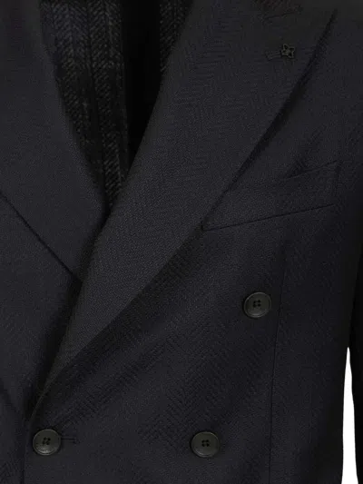 Tagliatore Double-breasted Herringbone Fabric Blazer Jackets Blue In Black