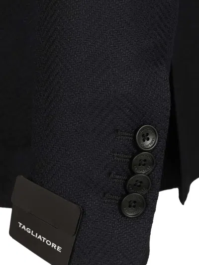 Tagliatore Double-breasted Herringbone Fabric Blazer Jackets Blue In Black