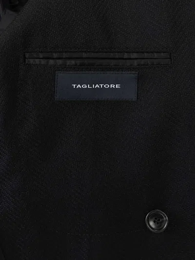 Tagliatore Double-breasted Herringbone Fabric Blazer Jackets Blue In Black