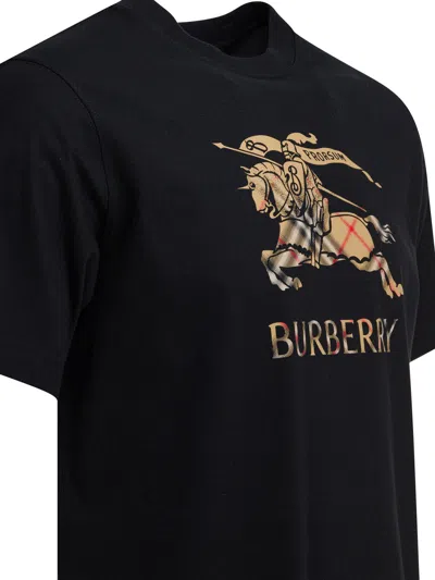 Burberry Men Black Crewneck T-shirt With Ekd And Logo Lettering Embroidery On The Front In Cotton Ma