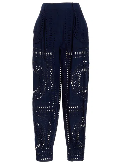Alberta Ferretti Embroidered High Waist Wide Leg Trousers In Dark Blue