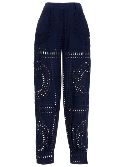 Alberta Ferretti Embroidered High Waist Wide Leg Trousers In Dark Blue