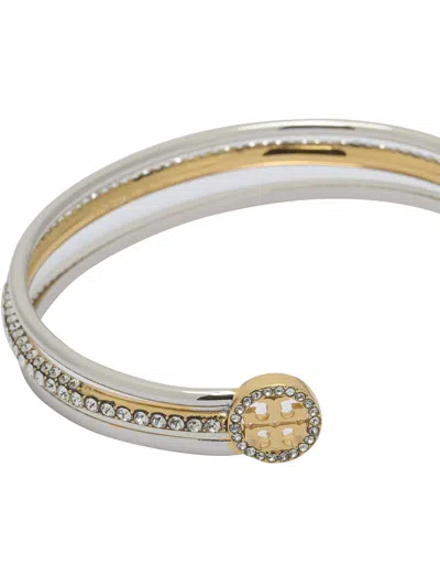 Tory Burch Icon Crystal Paved Two-tone Cuff Bracelet In Multi