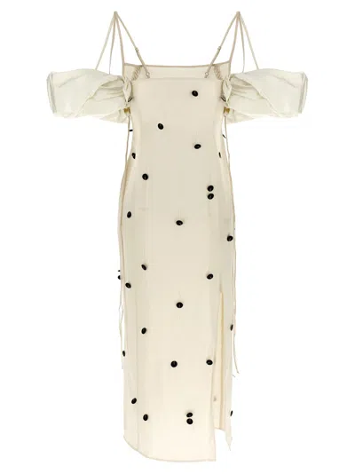 Jacquemus Beloved Off-shoulder Midi Dress With Button Embellishments In White