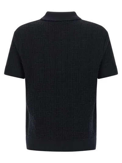 Balmain Textured Black Knitted Polo With Classic Collar In Multi