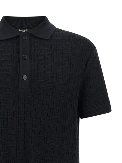 Balmain Textured Black Knitted Polo With Classic Collar In Multi