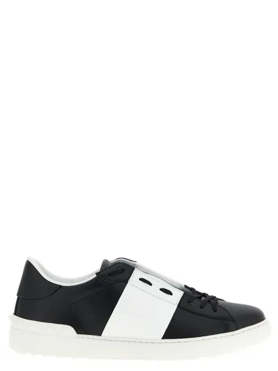 Valentino Garavani Black Leather Open Sneakers With White Band In Multi