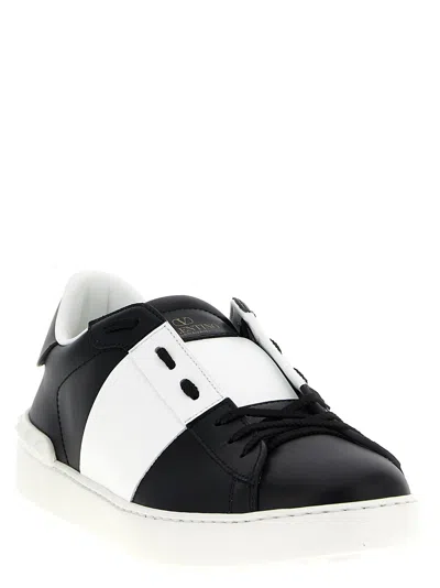 Valentino Garavani Black Leather Open Sneakers With White Band In Multi