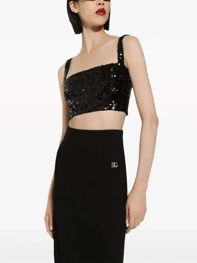 Dolce & Gabbana Cropped Sequin Top Square Neck Straps In Black