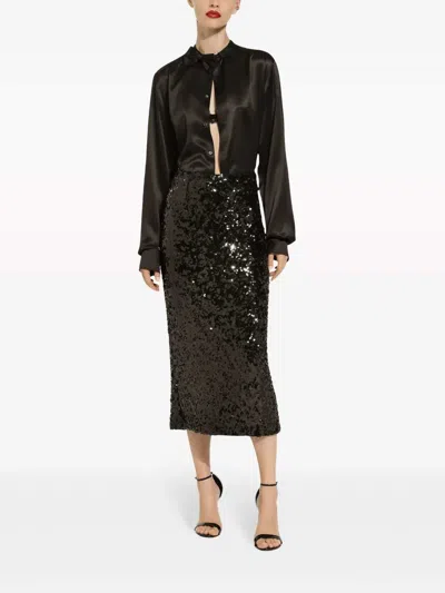 Dolce & Gabbana Sequined Midi Skirt Back Slit Pencil In Black